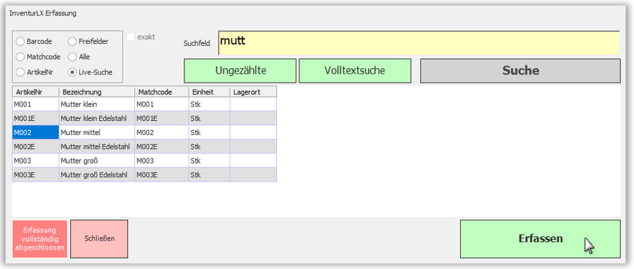 Beispiel: Live-Suche auf Maske Tablett/PC-Version